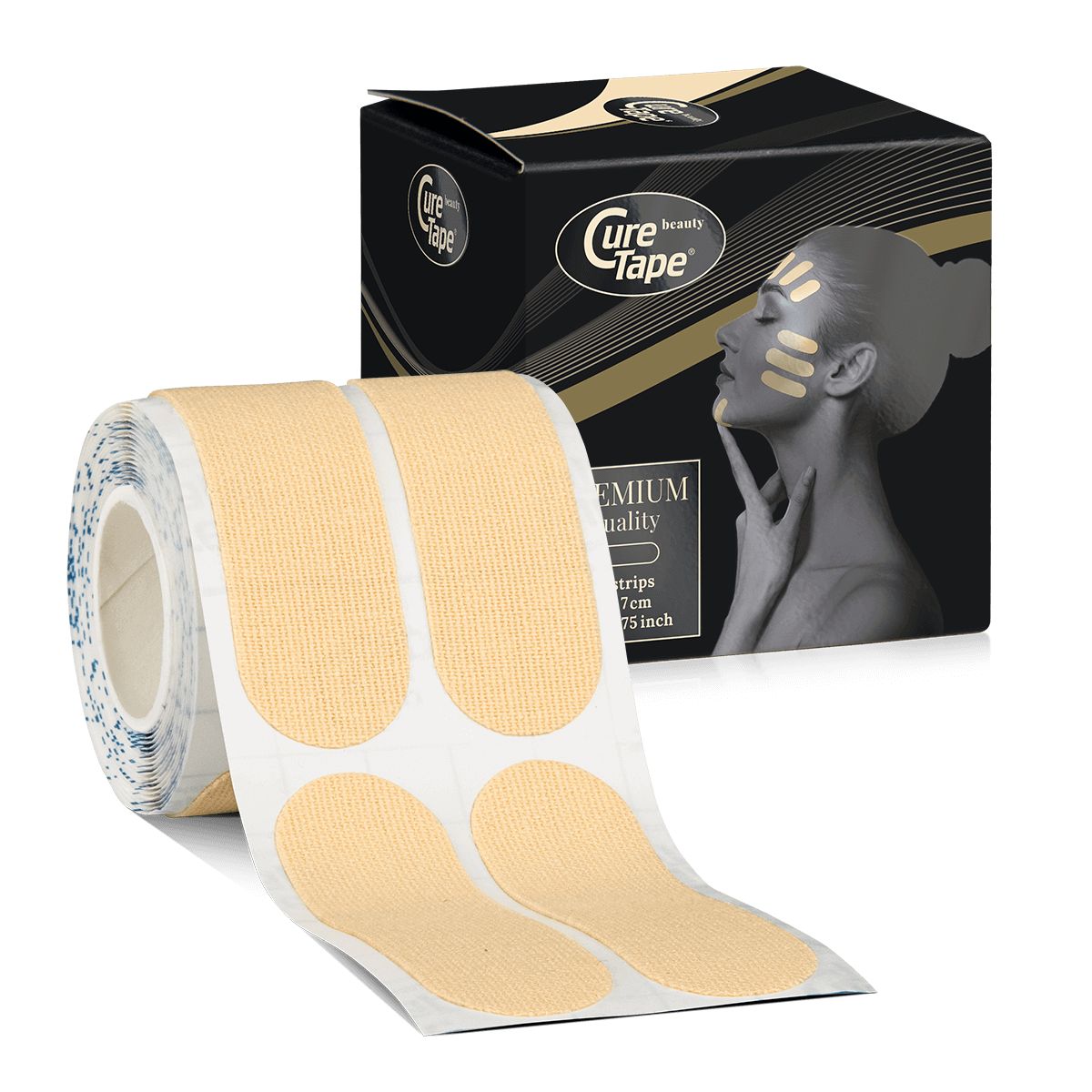 Rolle mit vorgeschnittenen, beigefarbenen Beauty-Tapes. Aufkleber mit abgerundeten Ecken. Schwarze Verpackung mit Produktlogo und Frauengesicht.