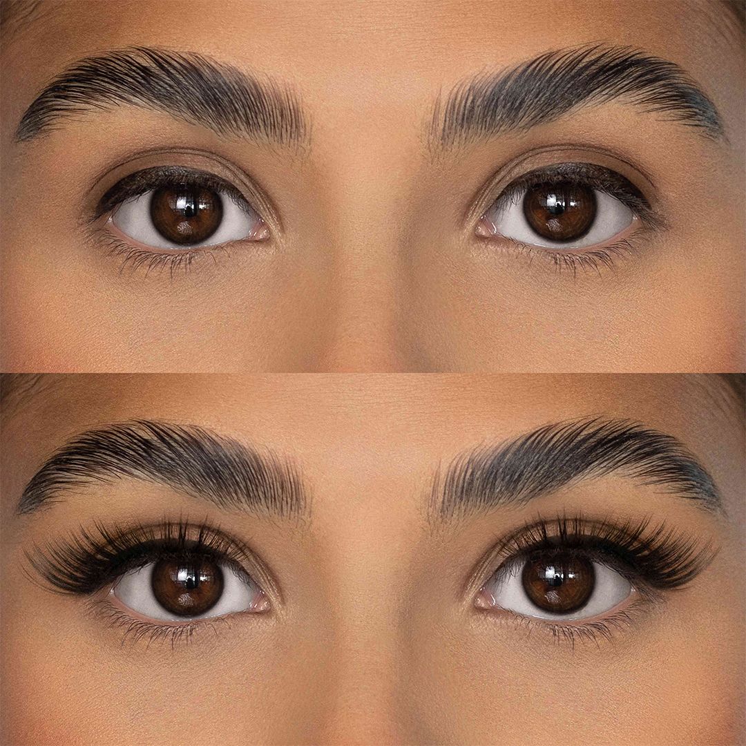 Augenpaar vor und nach dem Auftragen von Wimpern. Obere Reihe: natürliche Wimpern. Untere Reihe: Wimpern verlängert und verdichtet.