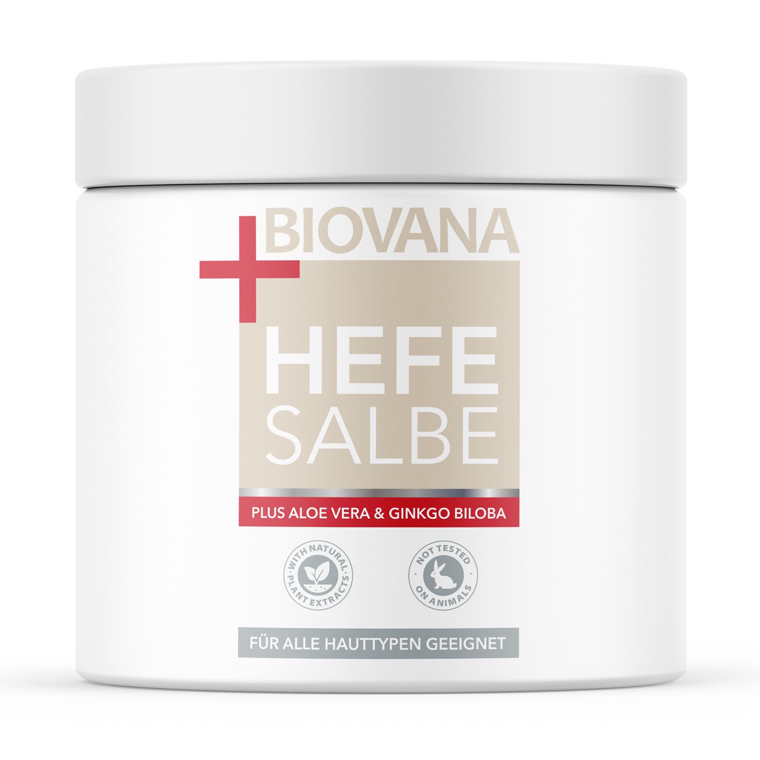 Weißes Tiegel mit Aufschrift Biovana Hefe Salbe. Text: Plus Aloe Vera & Ginkgo Biloba. Für alle Hauttypen geeignet. Mit Logos.