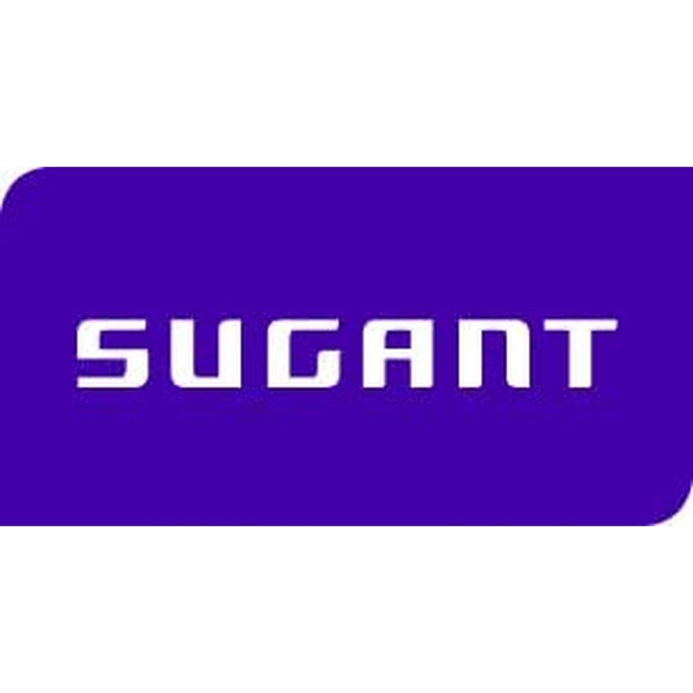 Logo SUGANT, weiß auf lila Hintergrund. Rechteckige Form.
