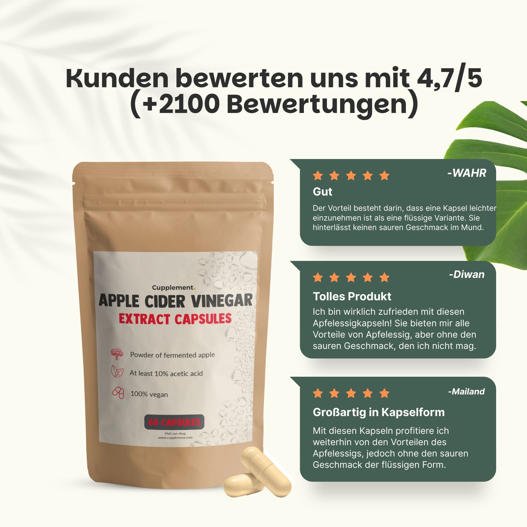 Werbung mit Text und Beutel mit Kapseln. Text: Apple Cider Vinegar Extract Capsules. Kapseln daneben.