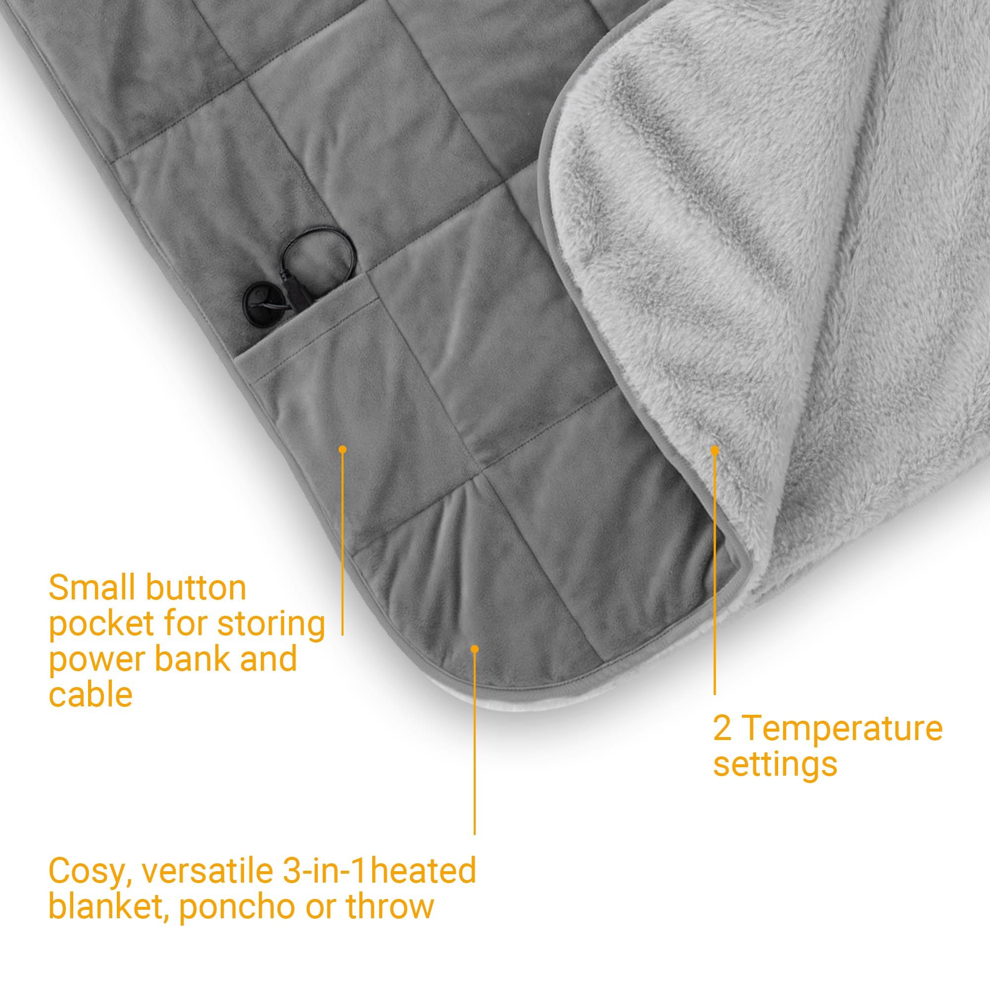 Graue Heizdecke mit quadratischem Muster. Tasche für Powerbank und Kabel. 2 Temperatureinstellungen.
