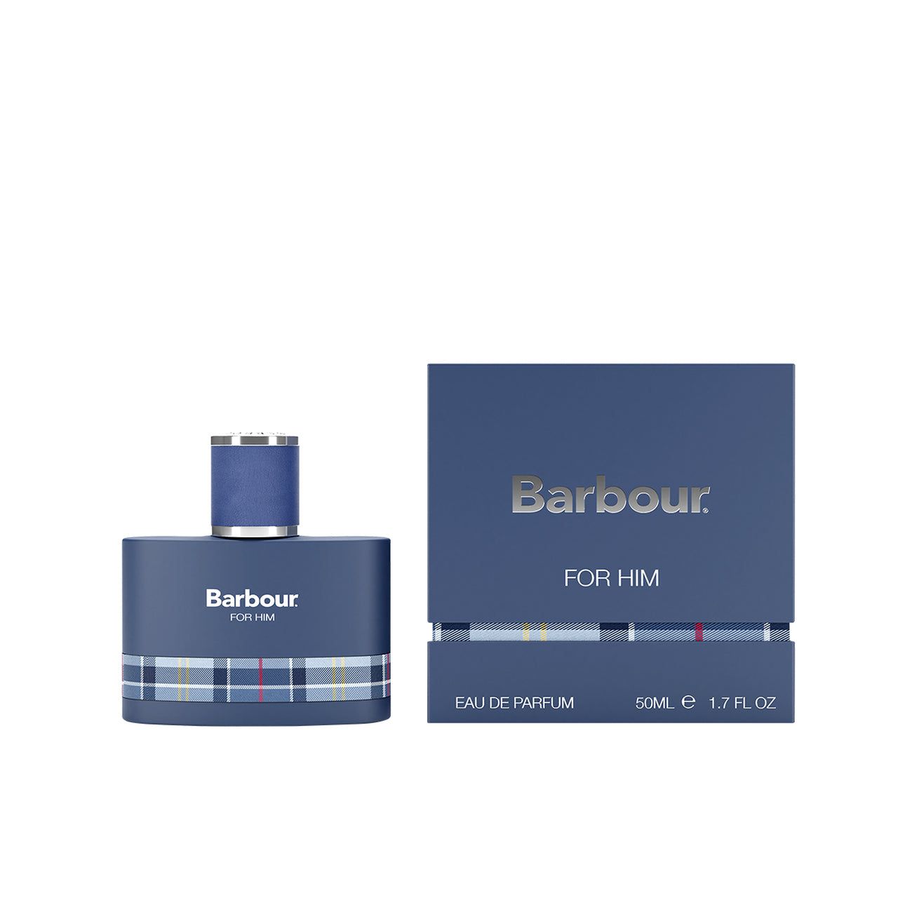 Blaues Parfümflakon und Schachtel. Barbour-Logo und Schriftzug FOR HIM. Karo-Muster am Flakon und Schachtelboden.