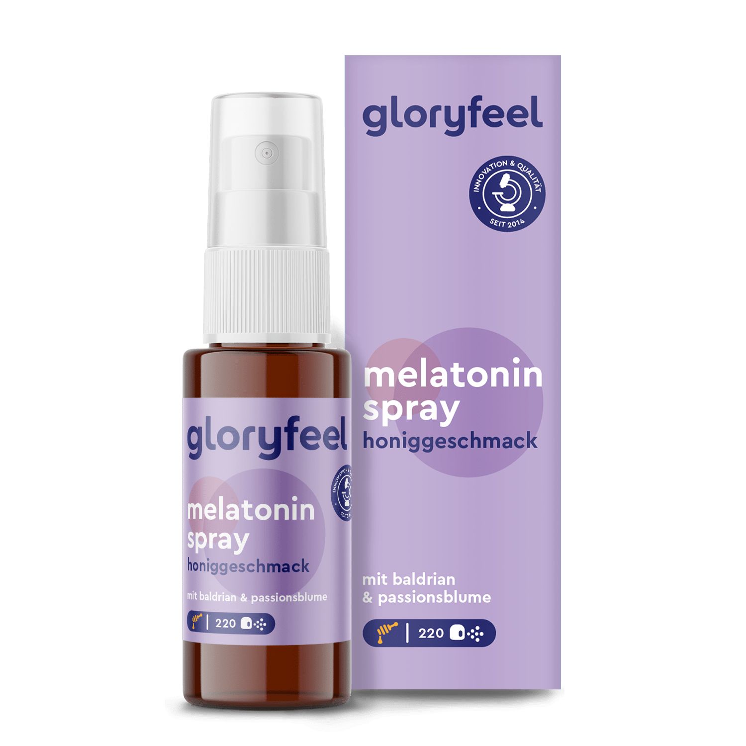 Braune Sprühflasche und Verpackung mit Produktnamen gloryfeel Melatonin Spray Honiggeschmack. Mit Baldrian & Passionsblume. 220 Sprühstöße.
