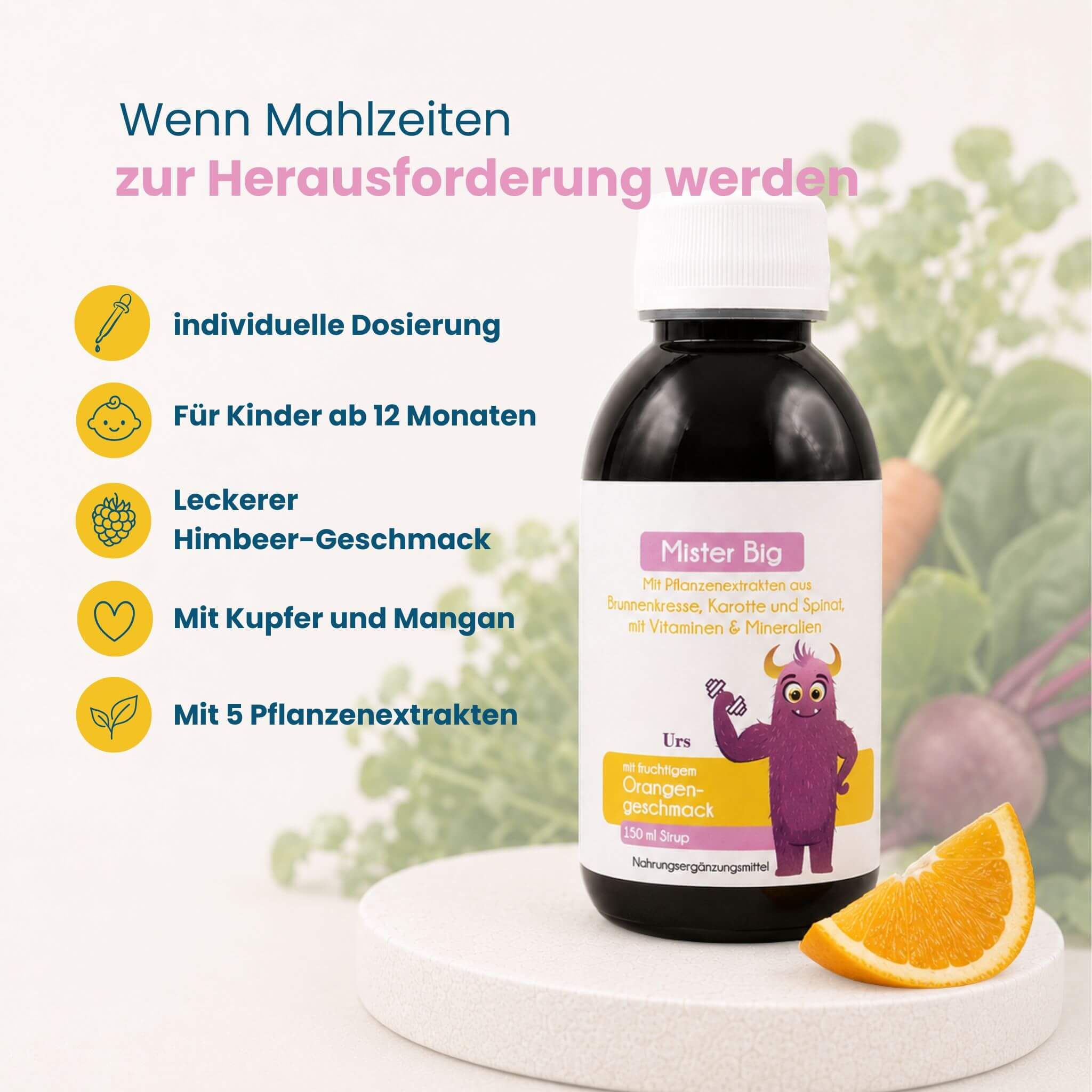 Herby Family Mister Big Sirup Flasche neben einer Scheibe Orange, mit Symbolen für Dosierung und Inhaltsstoffen.
