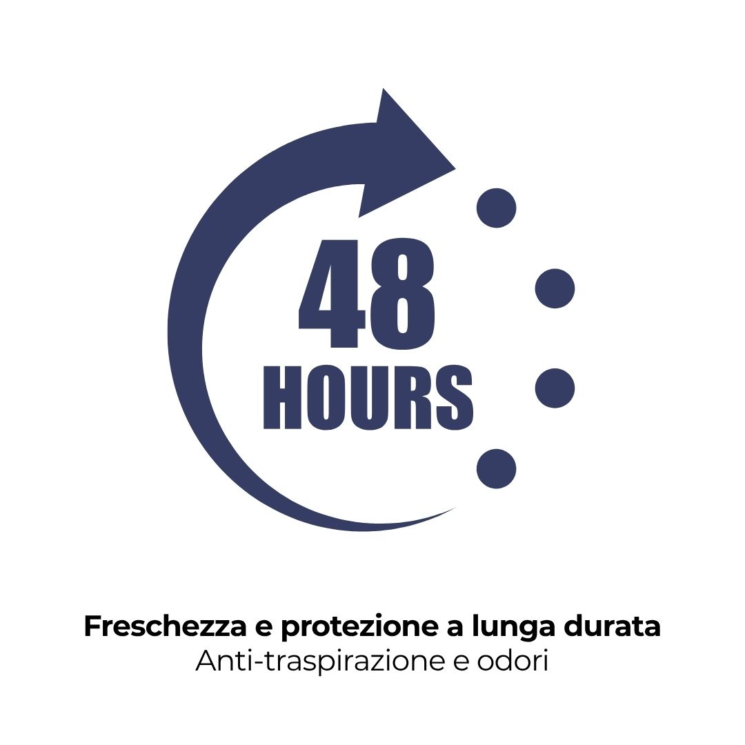 Simbolo con freccia e 48 HOURS. Testo: Freschezza e protezione a lunga durata. Anti-traspirazione e odori.