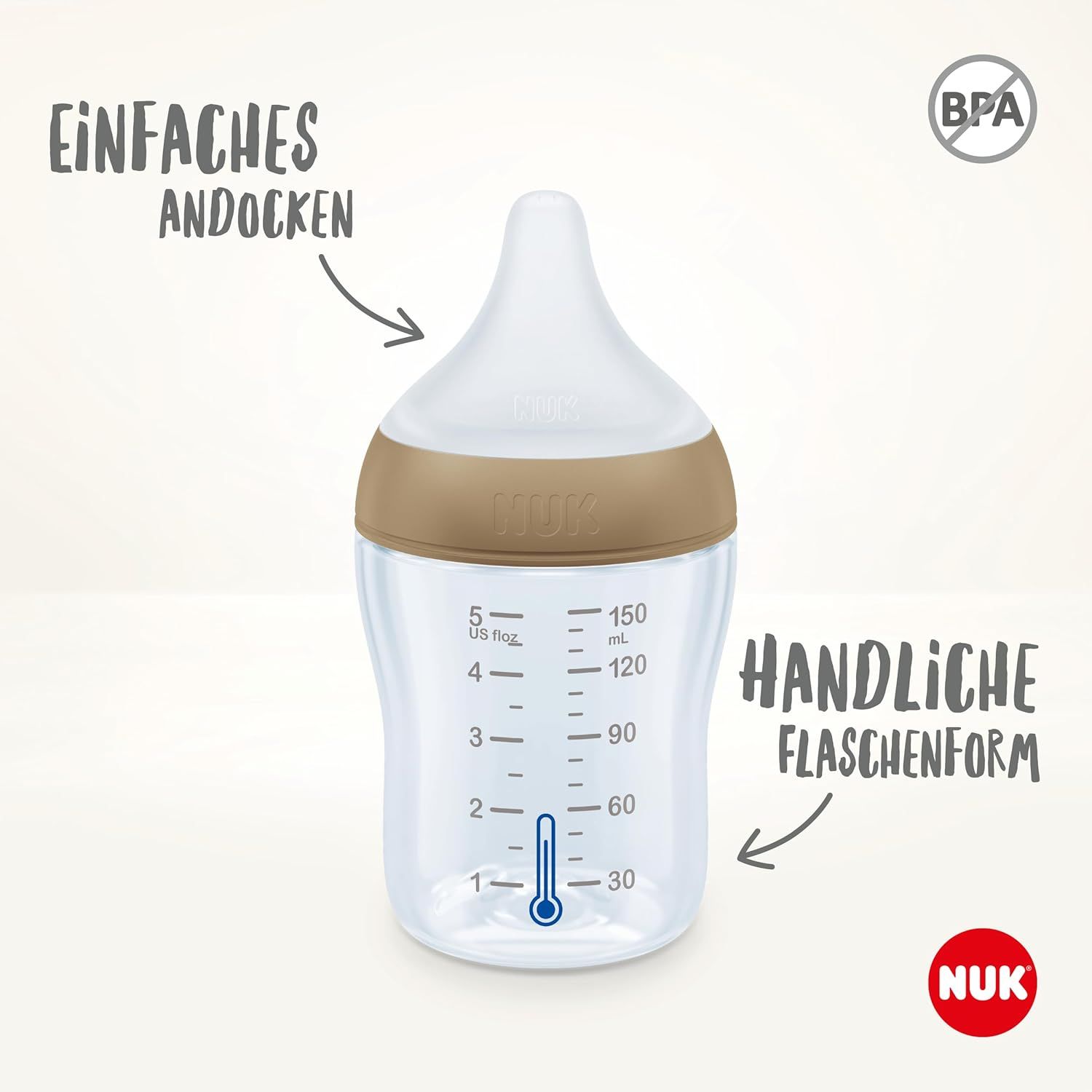 Babyflasche mit Messskala. Text: „Einfaches Andocken“ und „Handliche Flaschenform“. NUK-Logo. Brauner Ring. BPA-Logo.