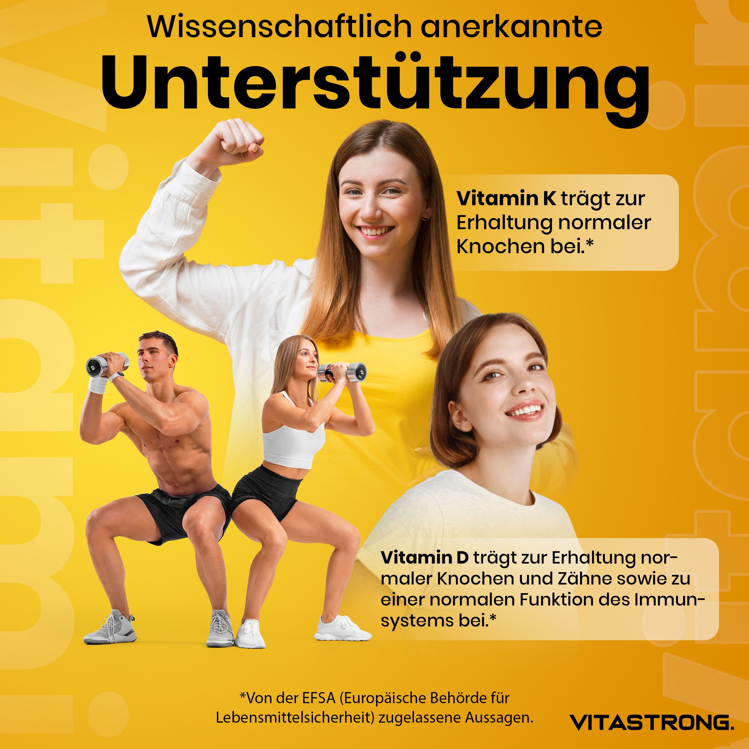 Gelber Hintergrund mit Menschen und Text. Vitastrong Vitamin D3+K2. Text: Wissenschaftlich anerkannte Unterstützung.