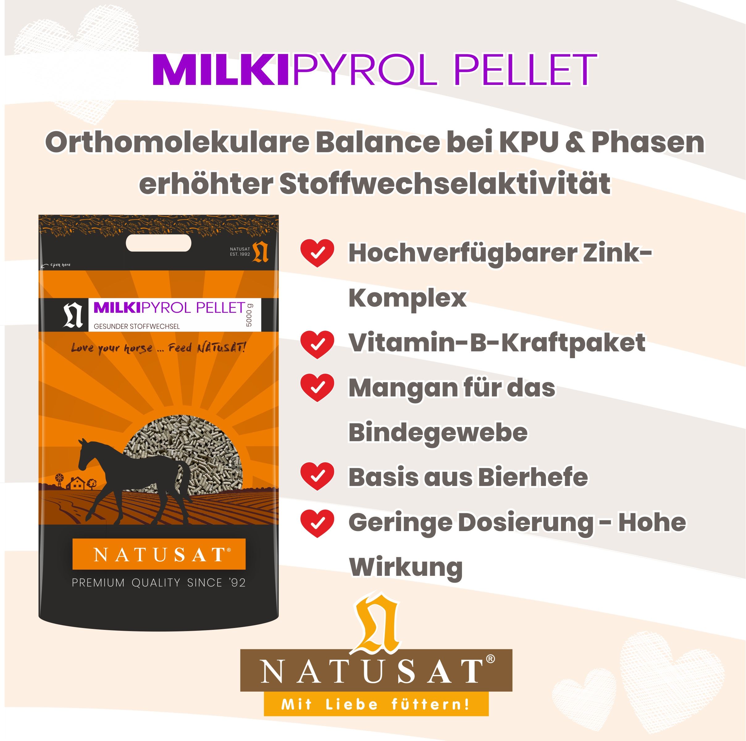 Natusat Milki Pyrol Pellets: Beutel und Liste der Vorteile, darunter Zink-Komplex und Vitamin B.