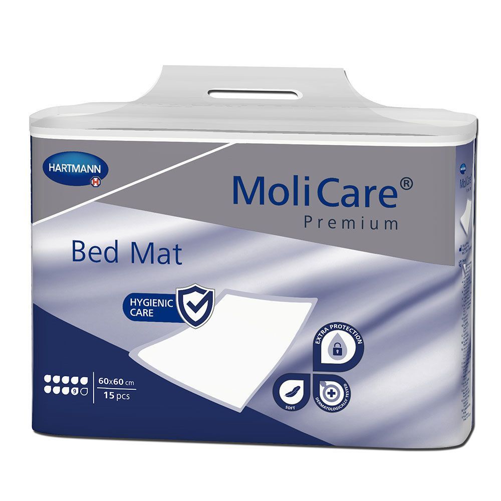 Verpackung MoliCare® Premium Bed Mat. Marke Hartmann. 60x60 cm, 15 Stück. Hygienische Pflege, extra Schutz. Sichtbare Produktabbildung.