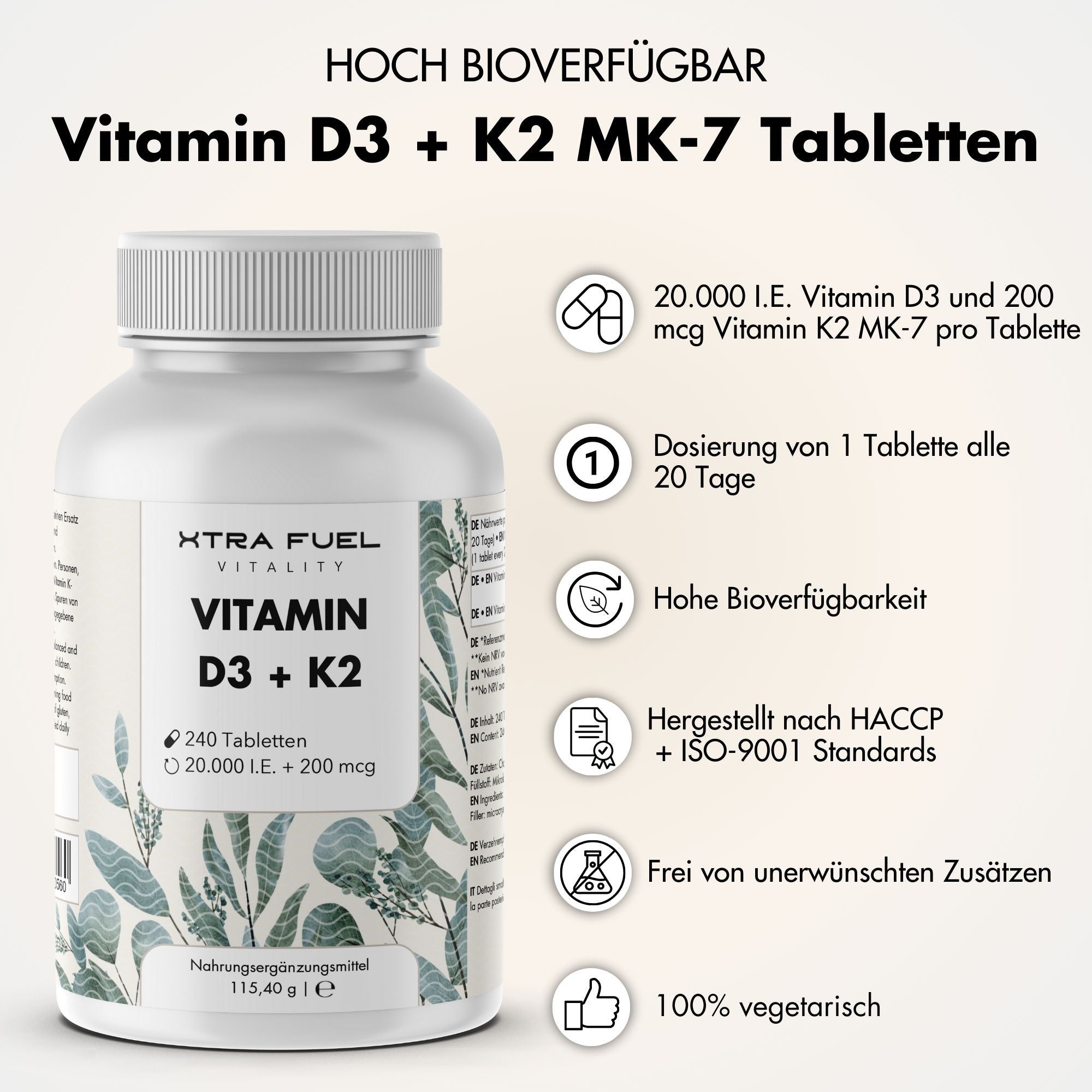 XTRA FUEL Vitamin D3 + K2 Tabletten - hochdosierte 20.000 I.E. + 200mcg MK-7
