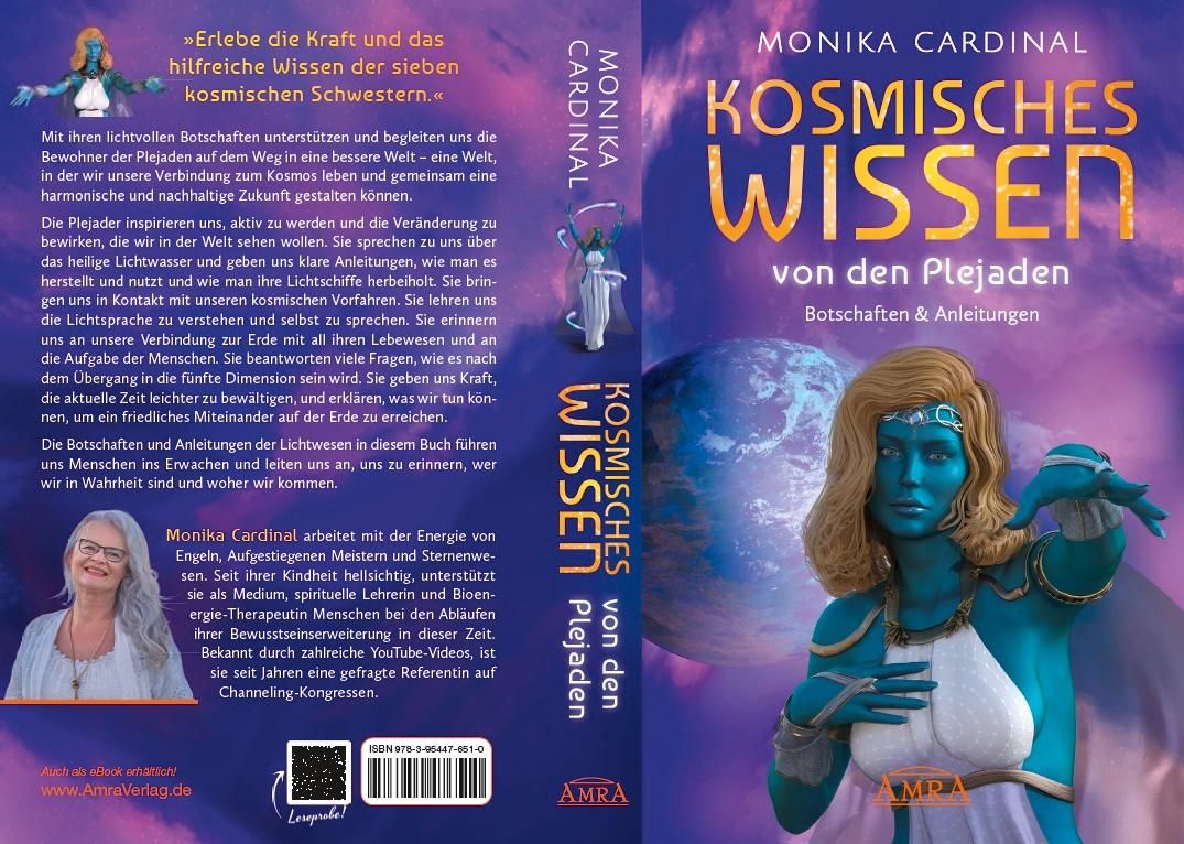 Buchcover "Kosmisches Wissen". Autorin Monika Cardinal. Auf dem Cover eine Illustration einer Frau mit blauer Haut.