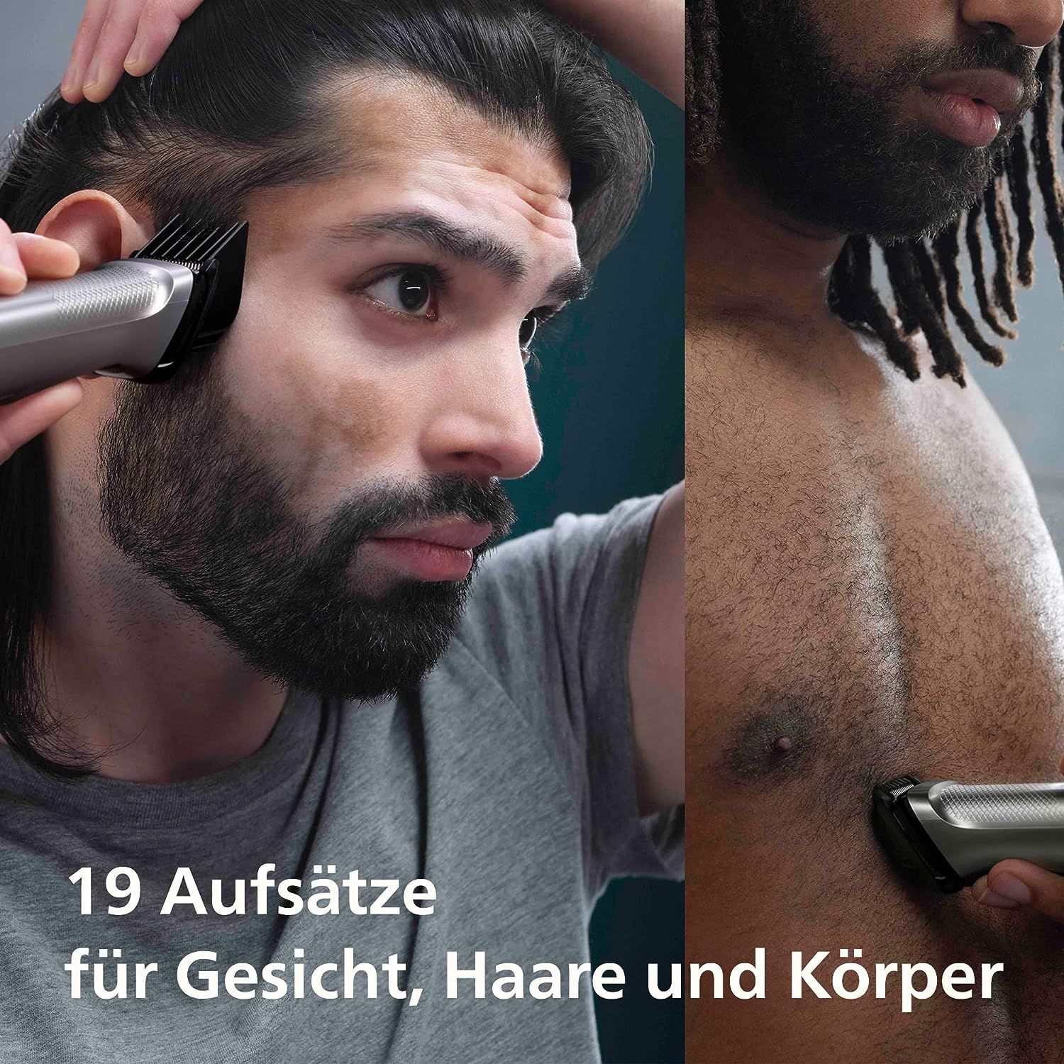 Zwei Personen verwenden Philips Multigroom Trimmer. Eine Person schneidet Haare, die andere trimmt Brusthaare. Text: 19 Aufsätze für Gesicht, Haare und Körper.