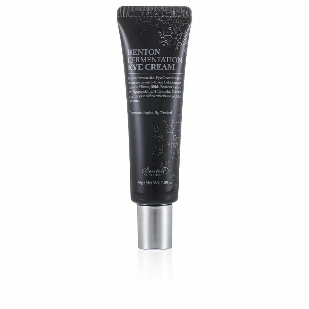Schwarze Tube mit silbernem Verschluss. Aufschrift: BENTON FERMENTATION EYE CREAM. Text und Logo. Dermatologisch getestet.