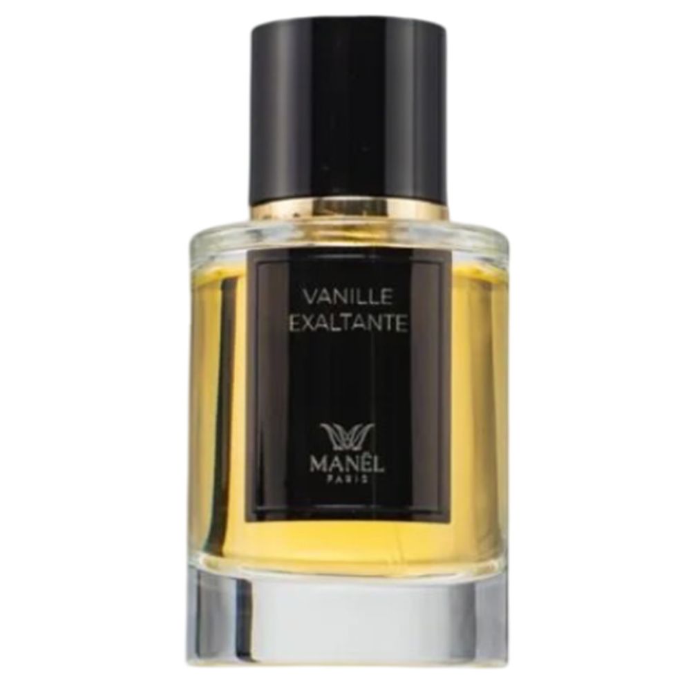 Parfümflakon mit schwarzem Deckel und Etikett. Text: Vanille Exaltante, Manel Paris.