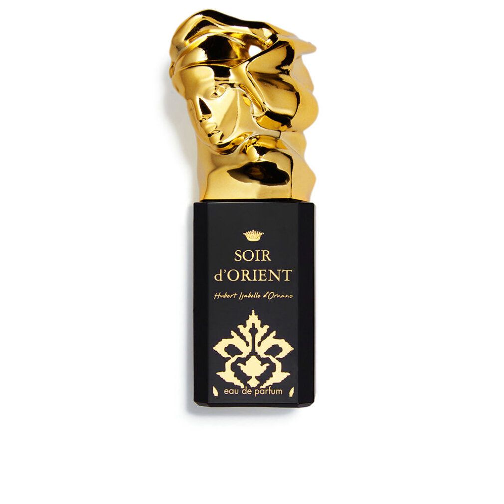 Schwarzer Flakon mit goldener Kopf-Kappe. Aufschrift: Soir d'Orient, Hubert Isabelle d'Ornano, Eau de Parfum. Goldene Verzierung.