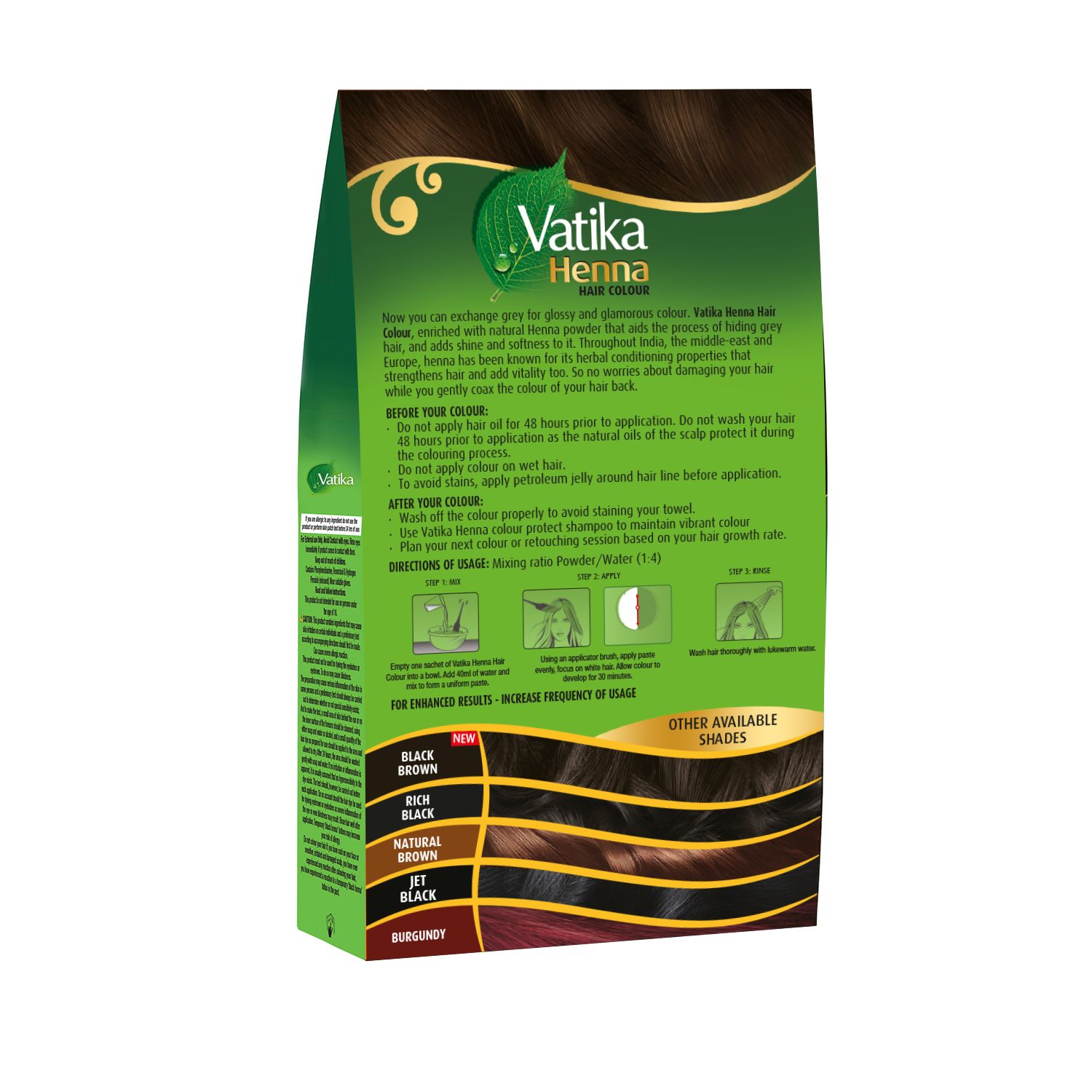 Rückseite der Vatika Henna Haarfarbe-Verpackung. Enthält Anweisungen und Farbtabelle mit verfügbaren Farbtönen: Schwarz, Braun, etc.