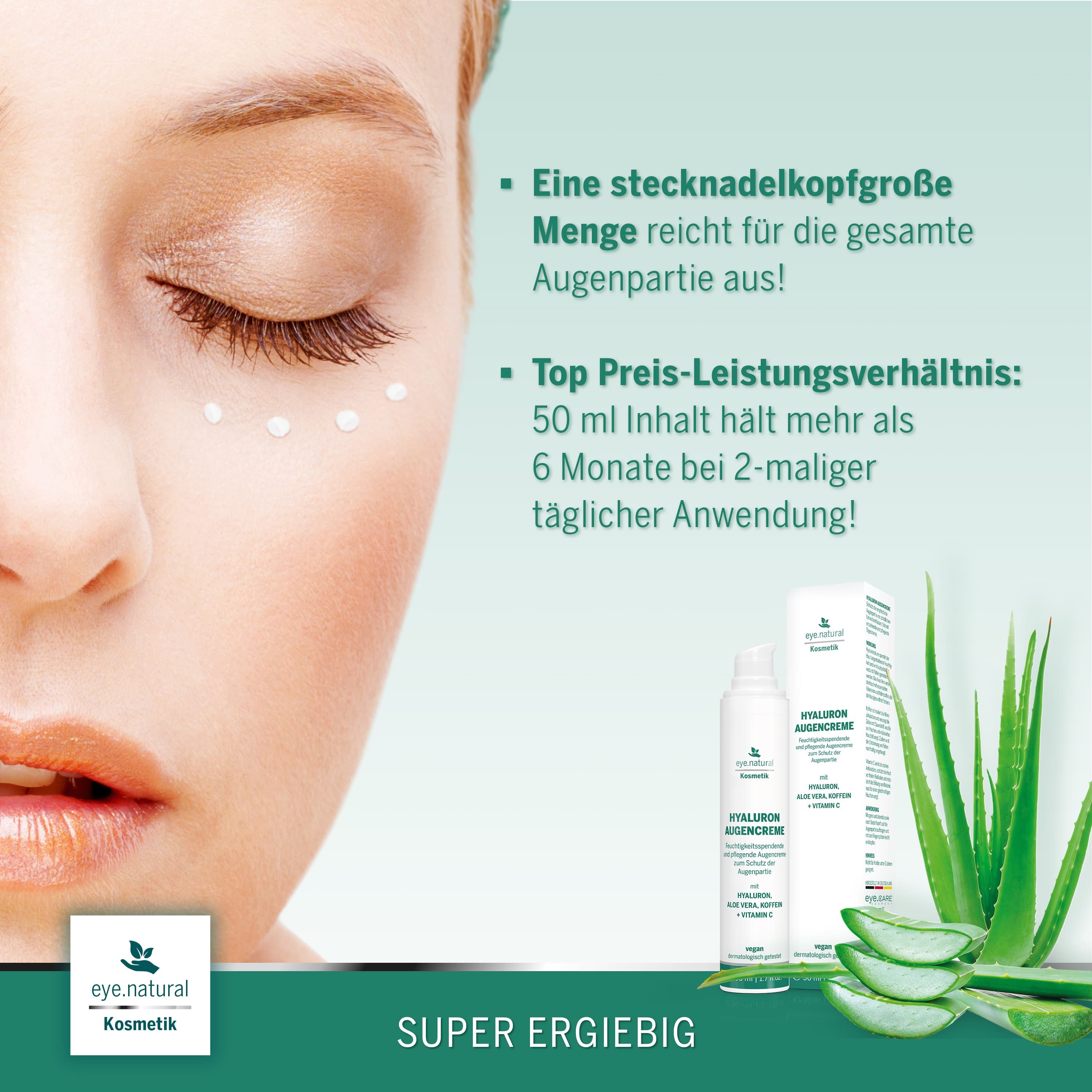 Creme-Flakons mit Text: Hyaluron Augencreme. Aloe Vera, Vitamin C. Frau berührt Gesicht. Text: Top Preis-Leistungsverhältnis, super ergiebig.