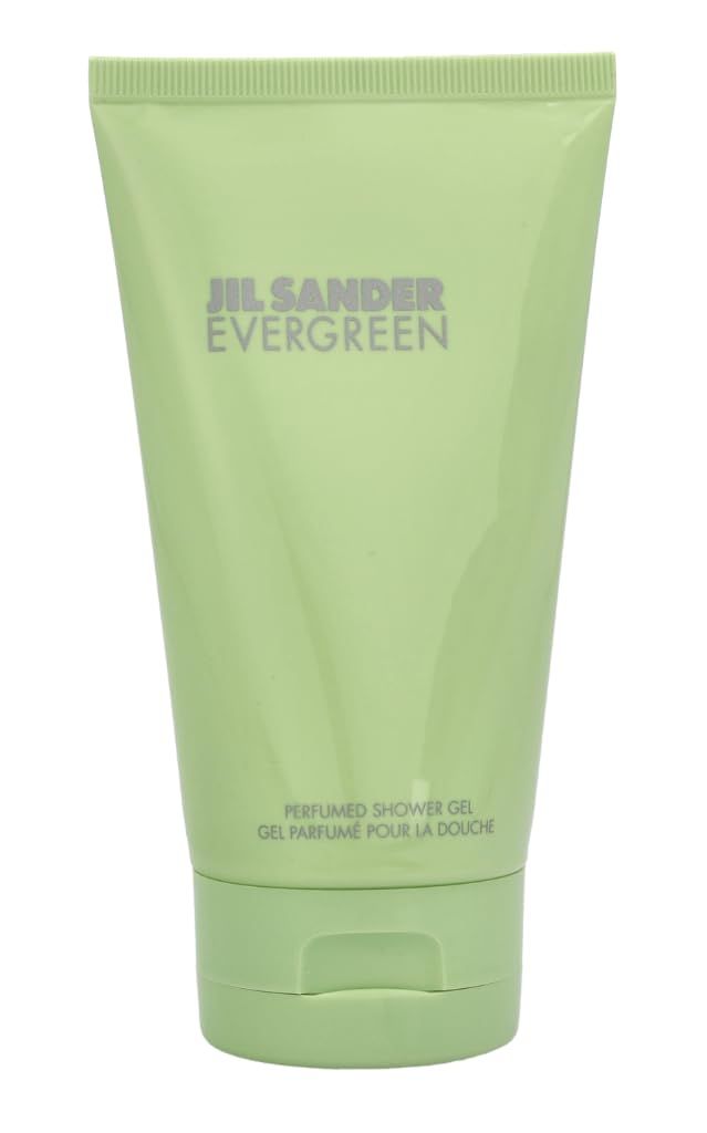 Hellgrüne Tube mit Jil Sander Evergreen. Aufschrift: Perfumed Shower Gel. Flasche mit Klappverschluss.