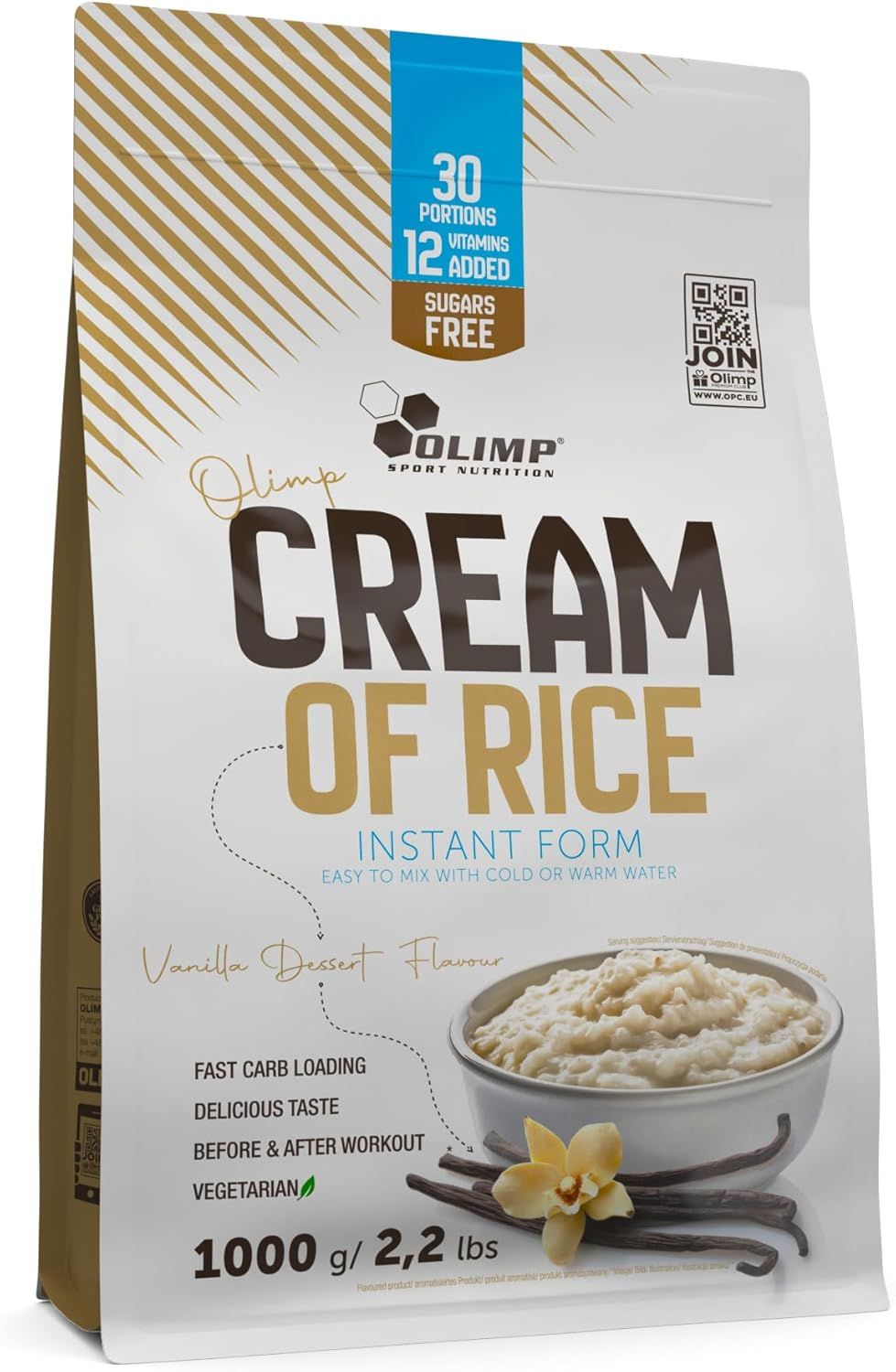 Olimp Cream of Rice Beutel, 1000g, Vanille Dessert Geschmack. Mit Vanilleblüte und Tonkabohnen.