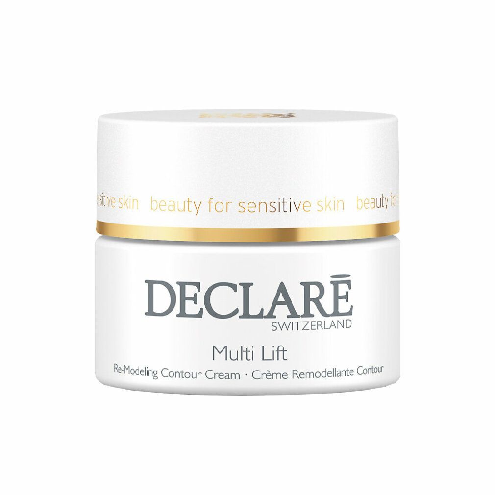 Weißer Tiegel mit goldfarbenem Rand. Aufschrift: DECLARÉ, Multi Lift, Re-Modeling Contour Cream.