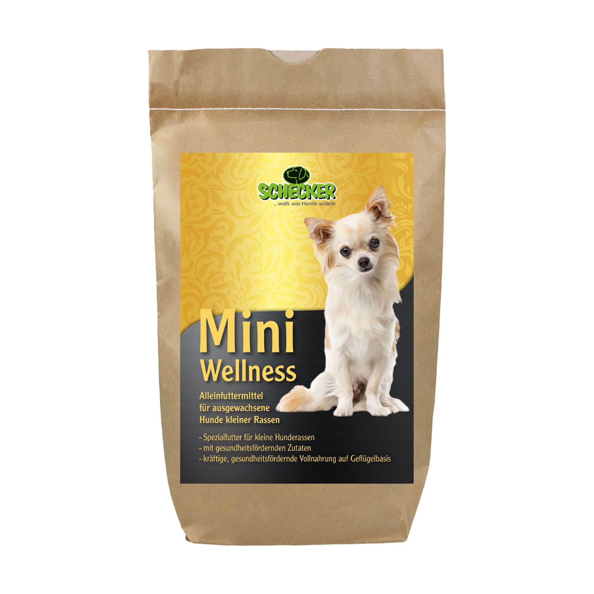 Schecker DOGREFORM Wellness Mini Trockenfutter, braune Papiertüte mit Produktabbildung und Text. Kleiner Hund auf Etikett.