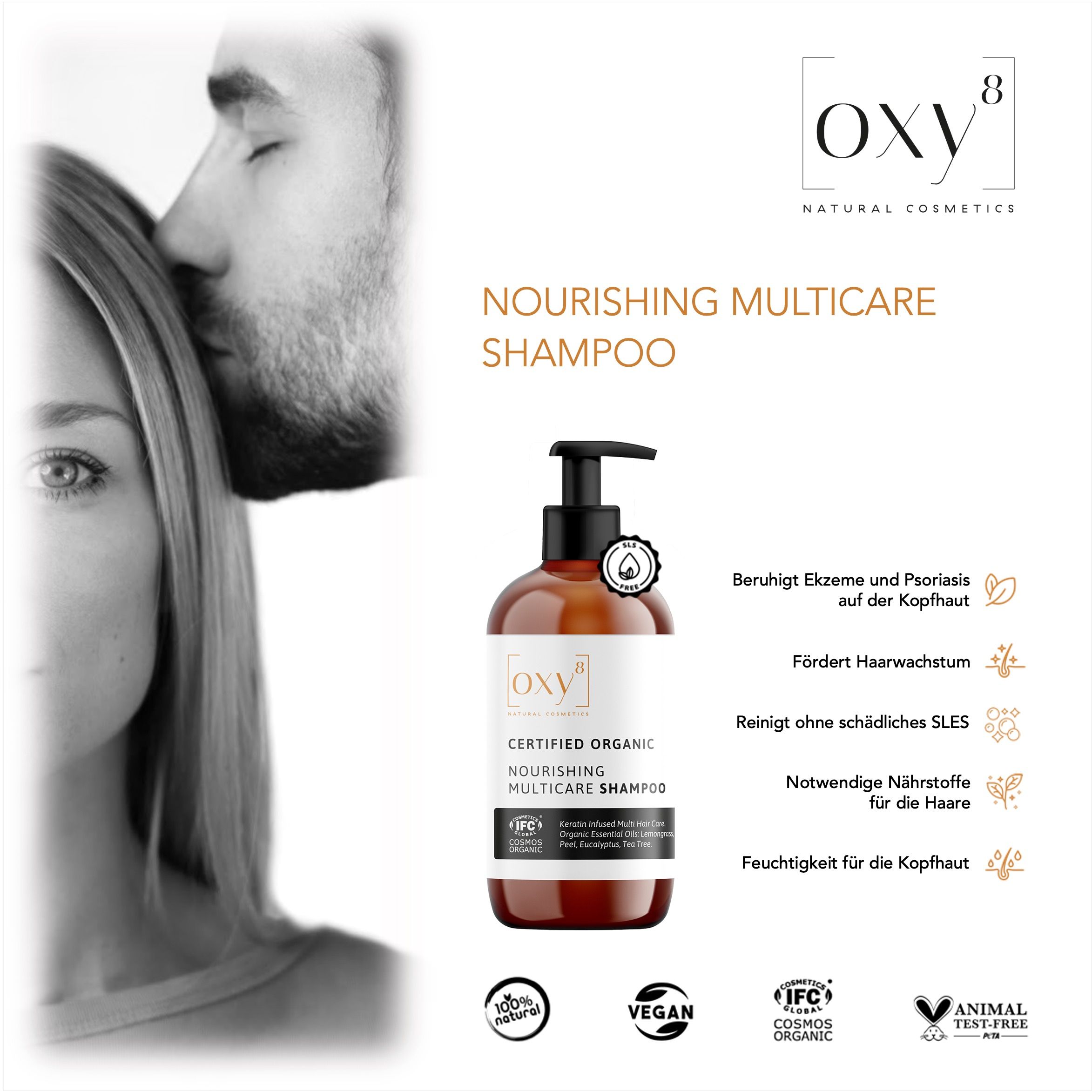 oxy8 Naturkosmetik NOURISHING MULTICARE SHAMPOO - Für glänzendes Haar. Gegen Spliss und Schuppen.