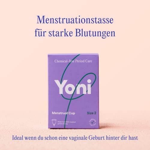 Yoni Menstruationstasse, Größe 2, in lila Verpackung. Text: Menstruationstasse für starke Blutungen. Ideal nach vaginaler Geburt.