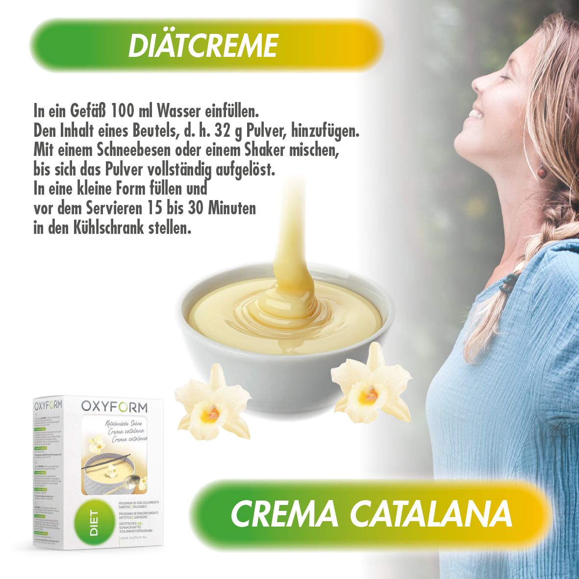 Creme Catalan-Dessert mit Vanille. Frau im Profil. Produktverpackung im Hintergrund. Text: Diätcreme, Crema Catalana.