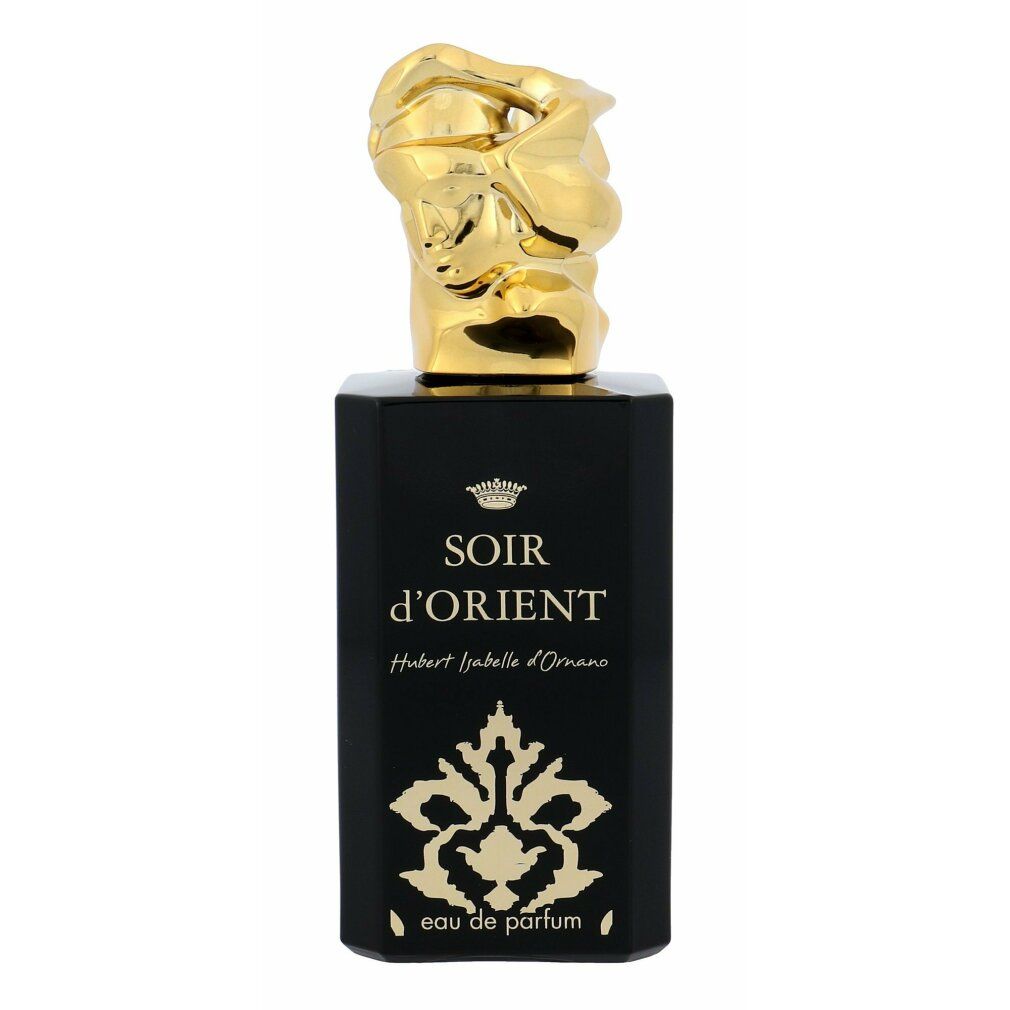 Schwarzer Flakon mit goldfarbenem Kopf und Aufschrift Soir d'Orient. Eau de Parfum. Goldene Verzierungen.