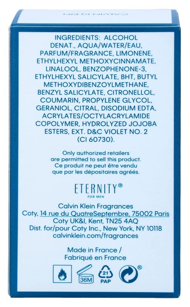 Rückseite der Eternity for Men Air Verpackung. Inhaltsstoffe, Herstelleradresse und Warnhinweise.