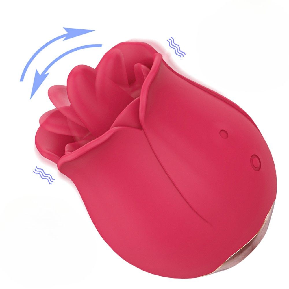 Rosa Vibrator in Rosenform mit beweglicher Zunge. Pfeilsymbole zeigen Bewegung an.