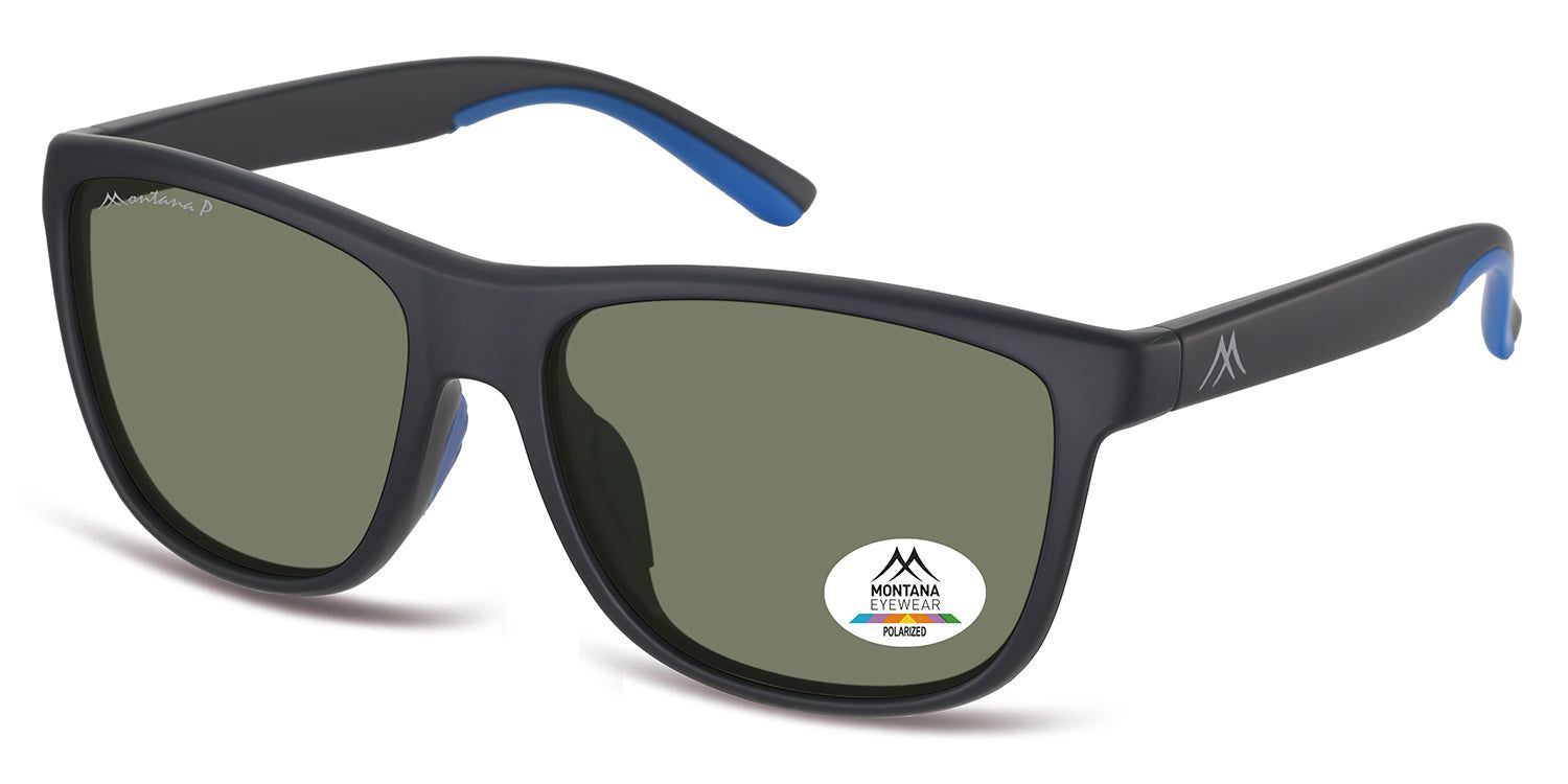 Schwarze Sonnenbrille mit grünen Gläsern. Blaue Akzente an den Bügelenden. Montana Eyewear Logo auf dem rechten Bügel. Poliert.