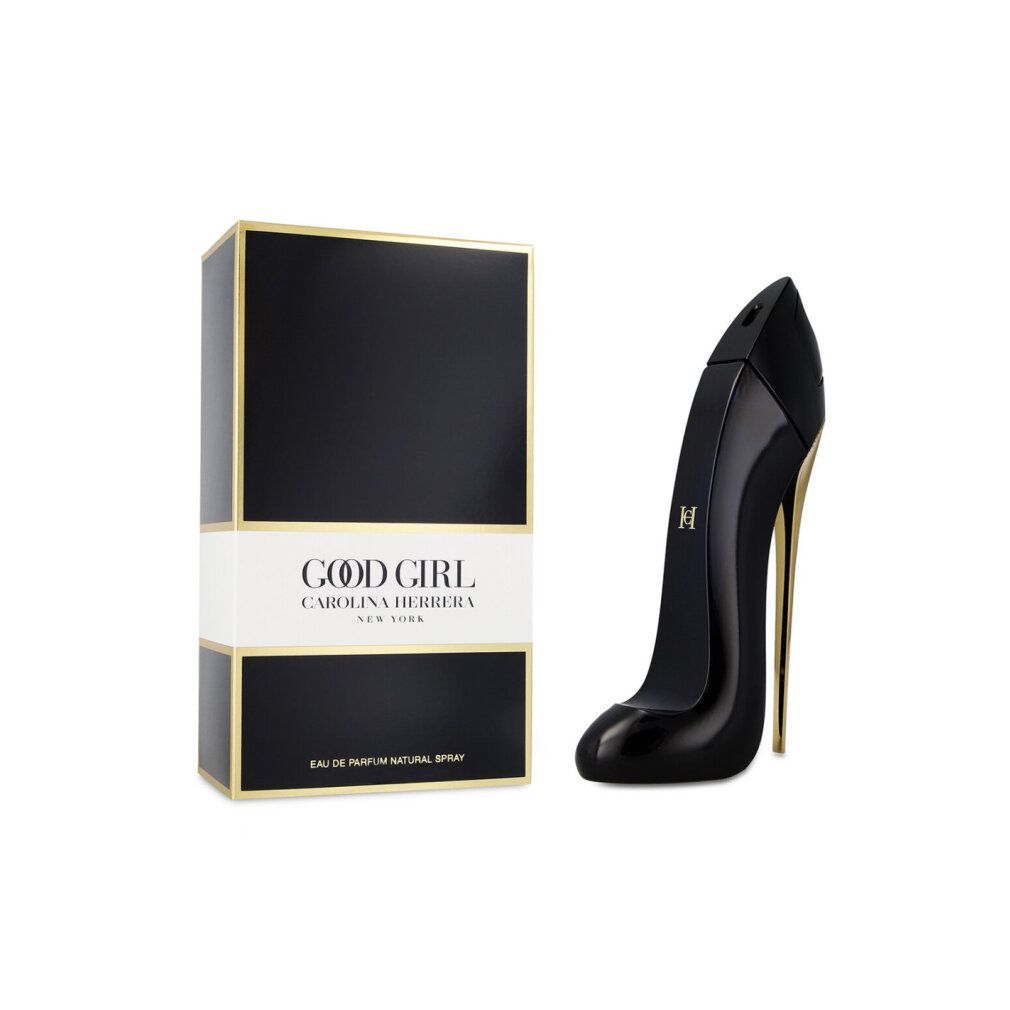 Schwarzer Schuh-Flakon und Box. Goldfarbene Akzente. Aufschrift: GOOD GIRL CAROLINA HERRERA NEW YORK. Eau de Parfum Natural Spray.