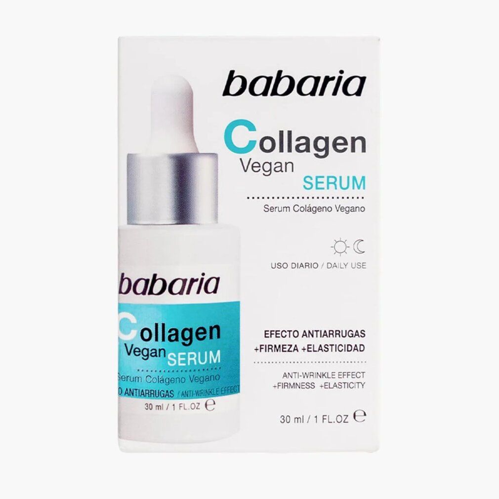 Babaria Collagen Vegan Serum. Flasche mit Pipette und Verpackung. Aufschrift: Collagen Vegan Serum, Anti-Falten-Effekt, 30 ml.