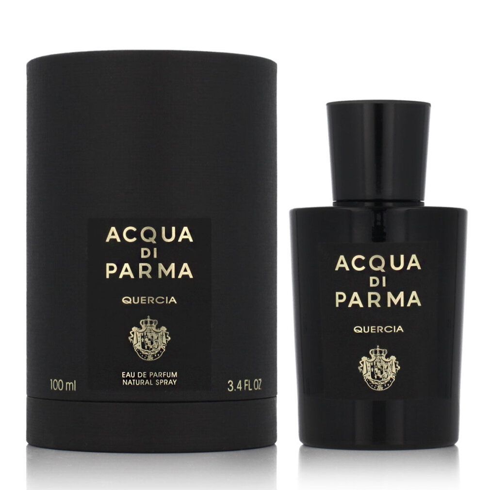 Schwarze Flasche und Verpackung. Aufschrift: Acqua di Parma Quercia. 100 ml, 3.4 fl oz.