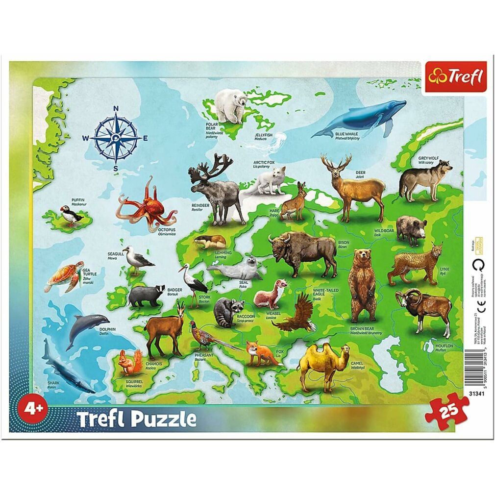 trefl Puzzle Karte von Europa mit Tieren 25 Teile