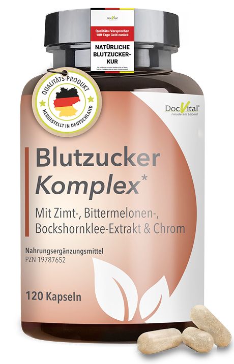 Braune Flasche mit Kapseln. Aufschrift: Blutzucker Komplex, 120 Kapseln. Siegel: Qualitäts-Produkt, Hergestellt in Deutschland. Zusatzetikett: Natürliche Blutzucker-Kur.