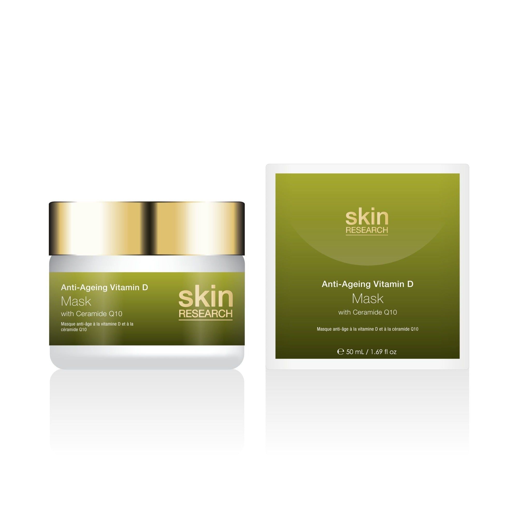 Produktverpackung mit Creme-Dose und Karton. Auf beiden steht "Anti-Ageing Vitamin D Maske" und "Skin Research".