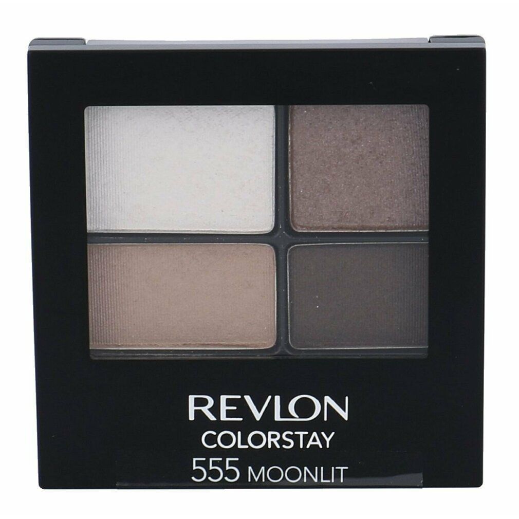 Revlon Colorstay Lidschatten-Palette mit vier Farbtönen. Schwarze Verpackung. Produktname und Farbnummer.