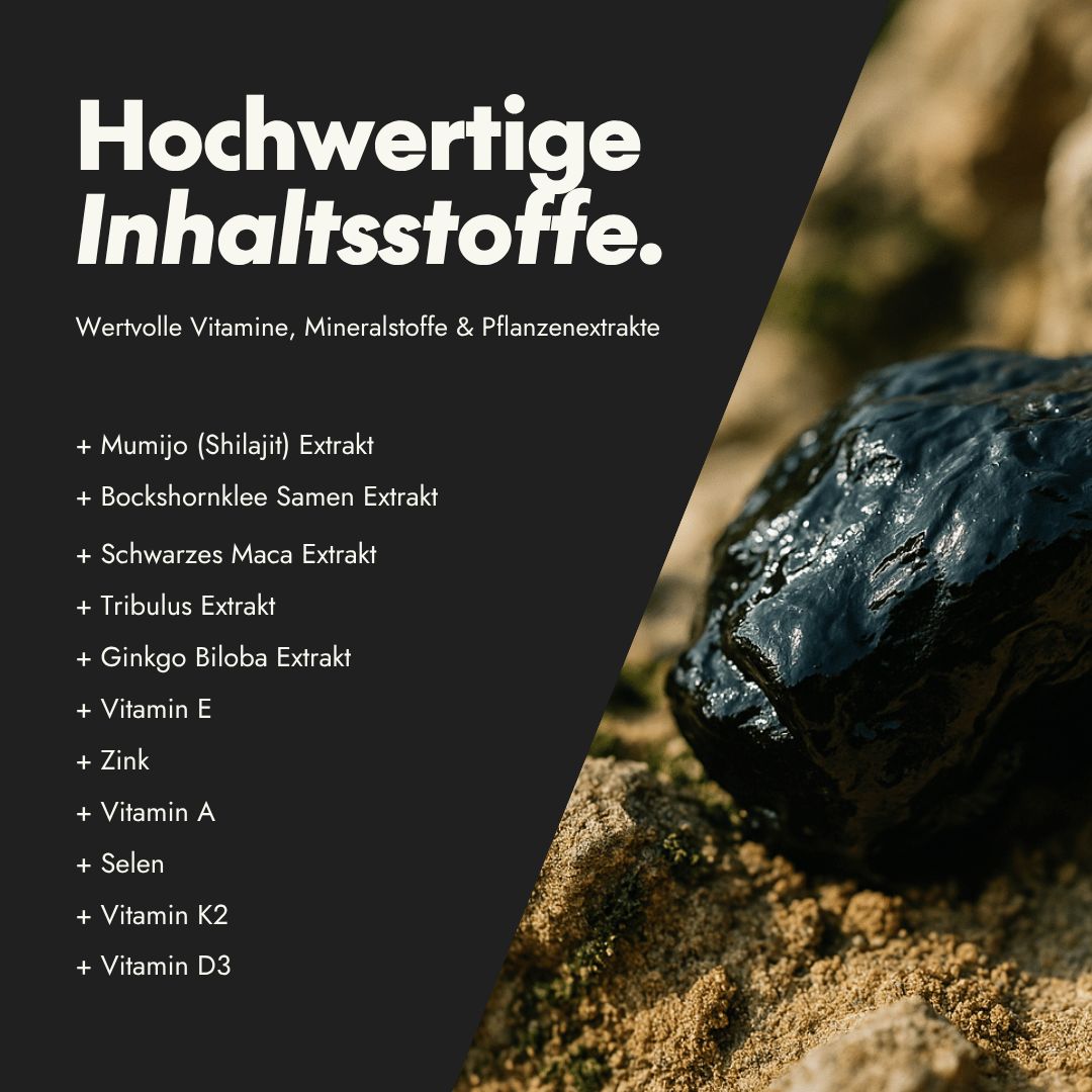 Nahaufnahme von schwarzem Shilajit-Extrakt auf Sand. Liste der Inhaltsstoffe, darunter Vitamine und Extrakte.