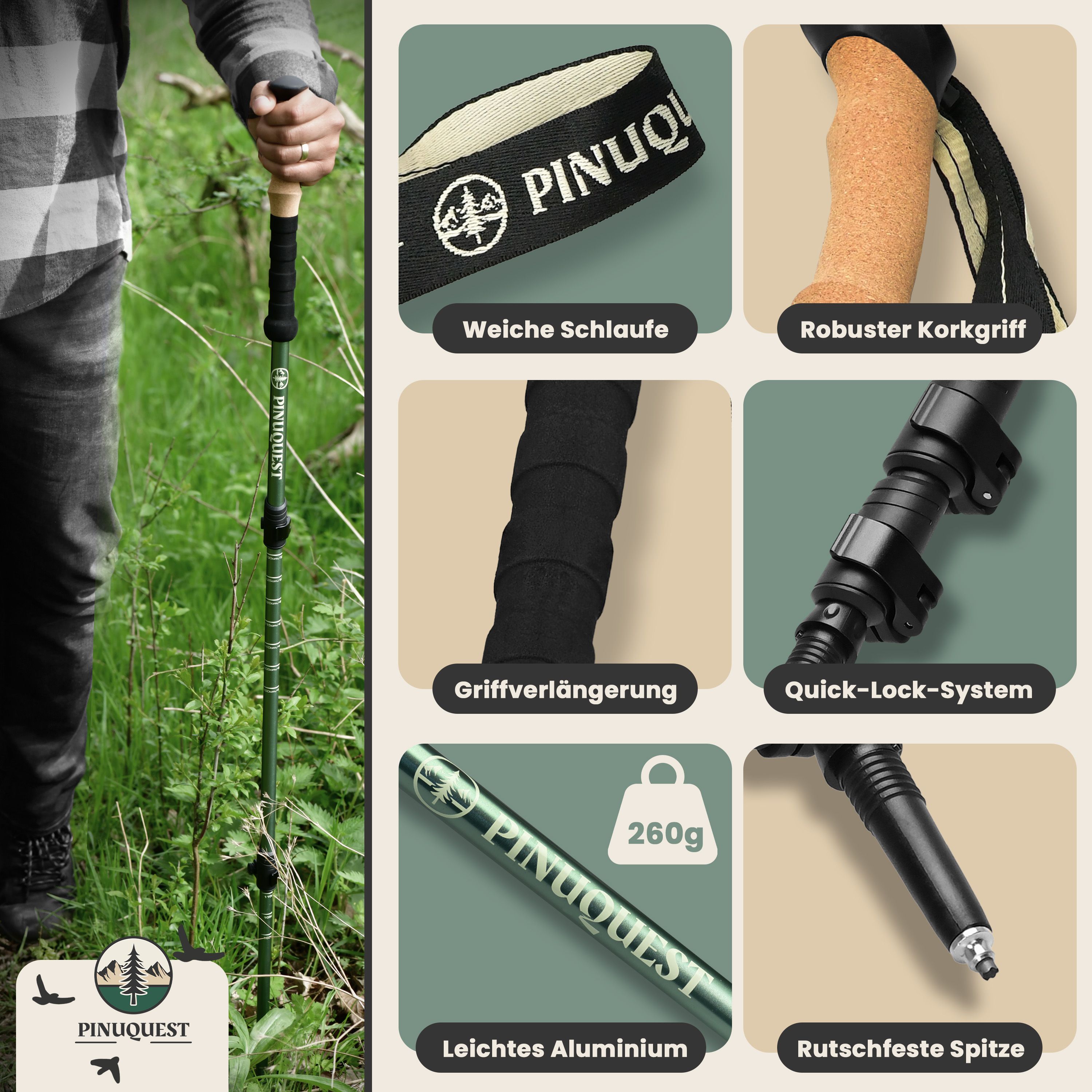 Nordic Walking Stock mit Korkgriff, Handschlaufe und Quick-Lock-System. Grüner Schaft, schwarze Elemente. Gewicht: 260g.