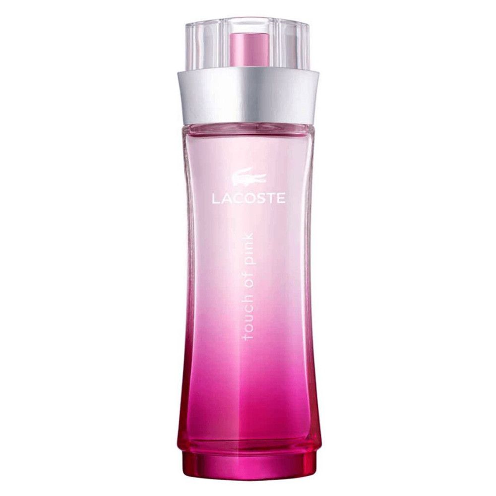 Lacoste Touch of Pink Parfümflakon mit silbernem und klarem Verschluss. Rosa Farbverlauf.