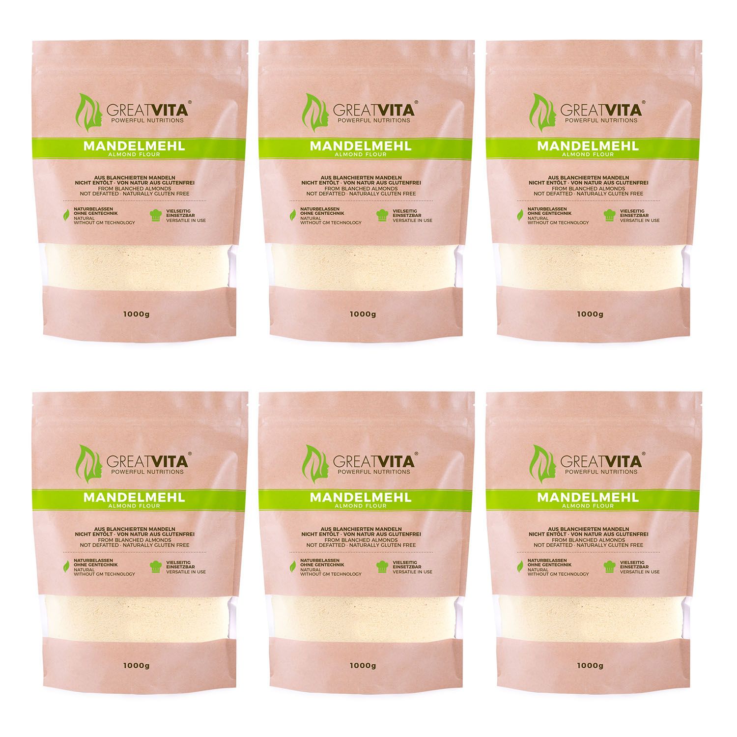 Sechs Beutel Mandelmehl. Aufschrift: GREATVITA, Mandelmehl, 1000g. Sichtbares Produkt in transparentem Beutel.