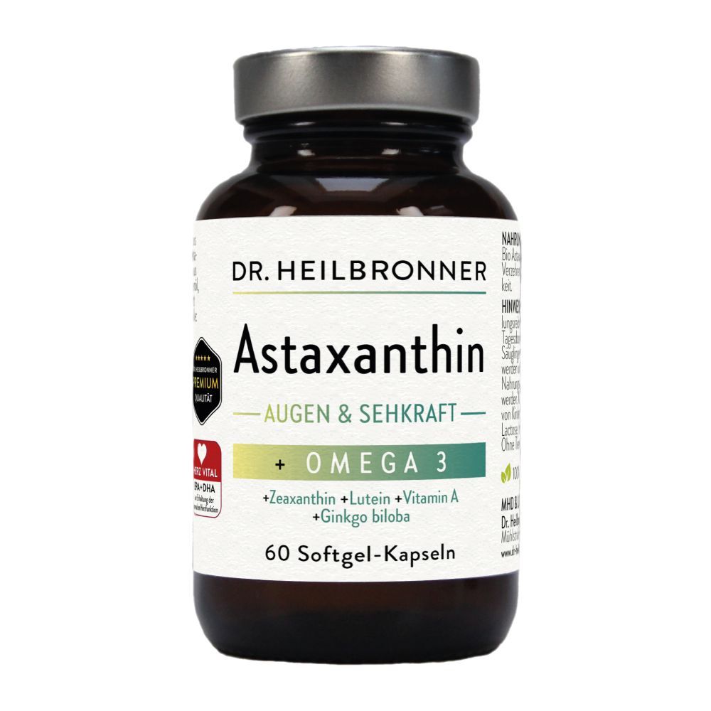 Braune Glasflasche mit Astaxanthin-Kapseln. Aufschrift: Astaxanthin AUGEN & SEHKRAFT + Omega 3. 60 Softgel-Kapseln.
