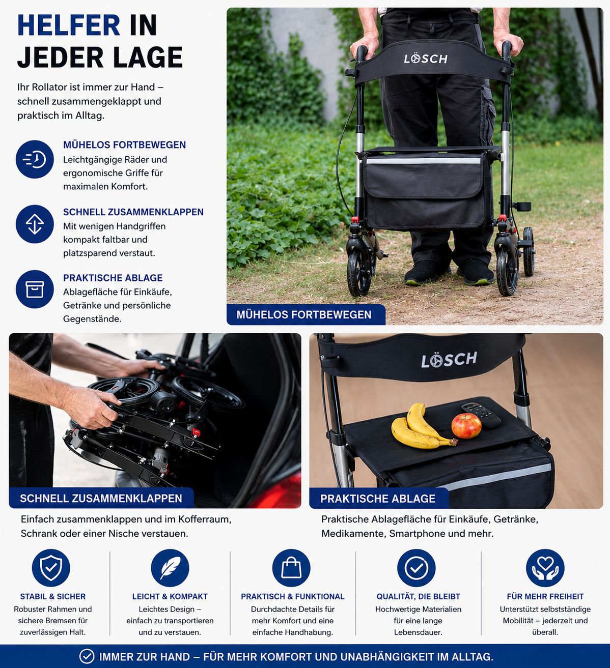 Rollator mit schwarzem Sitz, Tasche und silberfarbenem Gestell. Person hält Griff. Zusammengeklappt. Obst auf Sitz.