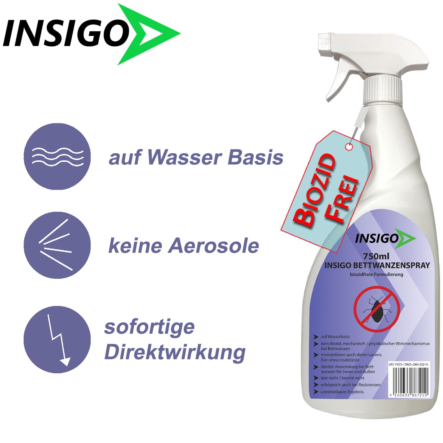 Weiße Sprühflasche mit blauem Etikett und dem Logo INSIGO. Auf dem Etikett steht 'BIOZID FREI'. Auf Wasserbasis, keine Aerosole.