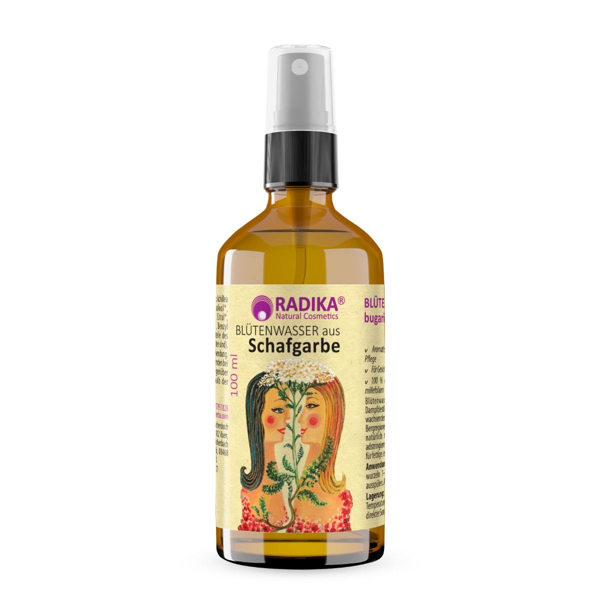 Braune Glasflasche mit Sprühkopf. Etikett mit Produktname und Illustration zweier Frauen. 100 ml.