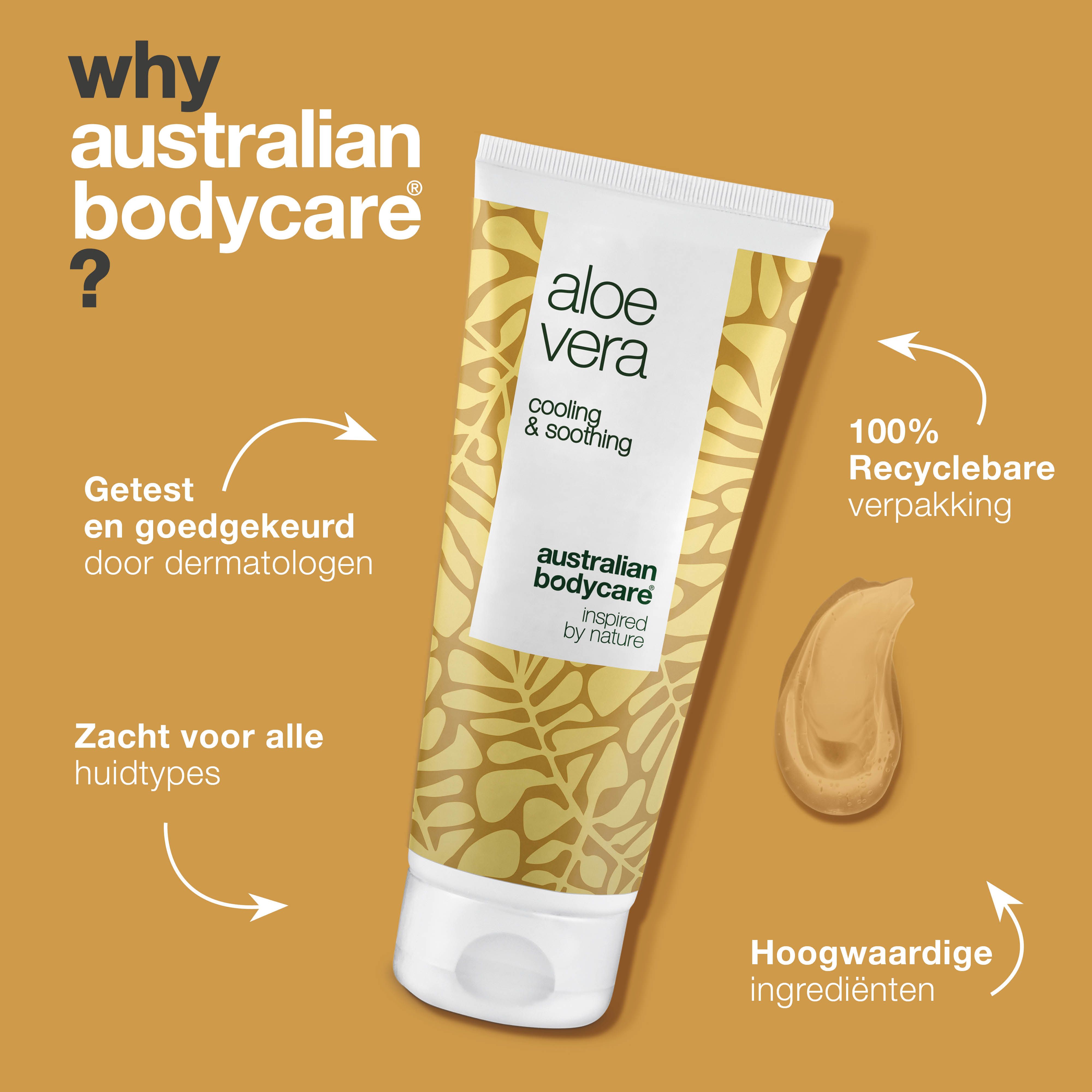 Aloë vera gel tube. Tekst: Aloe Vera, Cooling & Soothing, Australian Bodycare. Voordelen: getest.