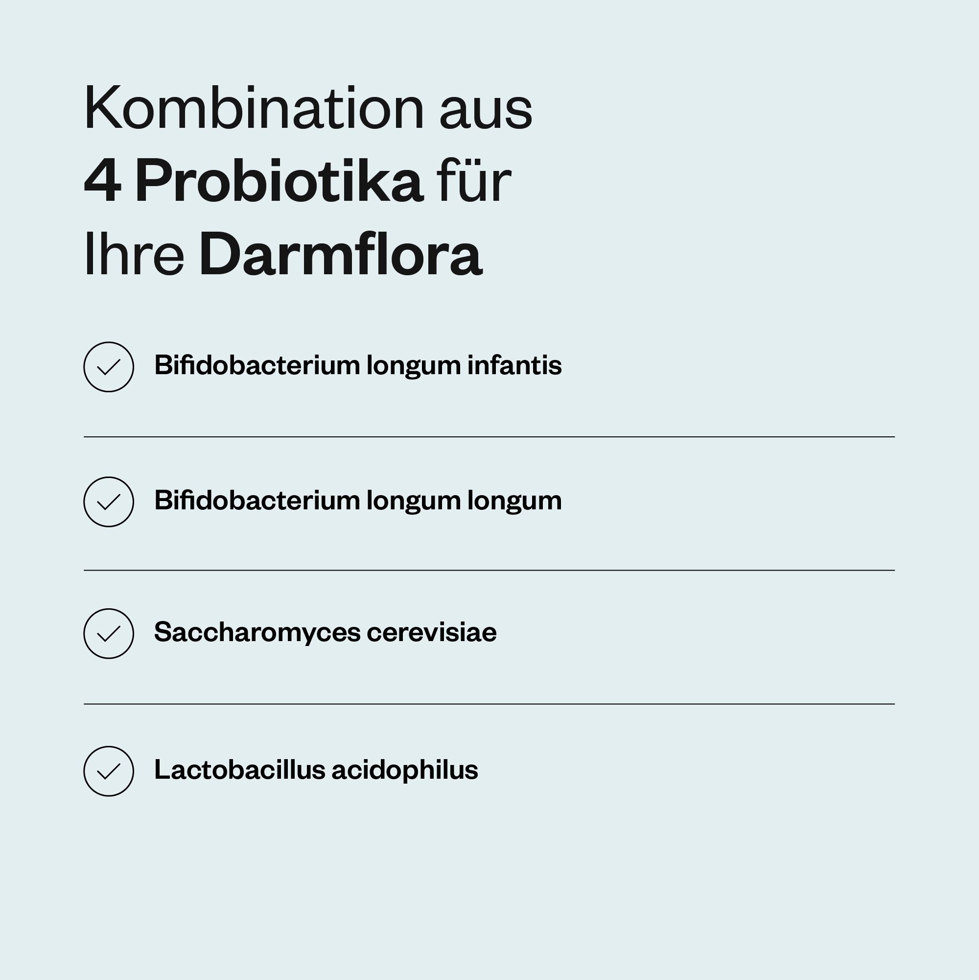 Liste von 4 Probiotika: Bifidobacterium longum infantis, Bifidobacterium longum longum, Saccharomyces cerevisiae, Lactobacillus acidophilus.